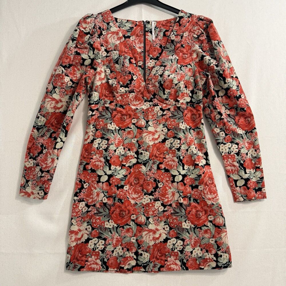 Free People Kapowski Floral Corduroy Puff Sleeve Mini Dress Women’s Size 2